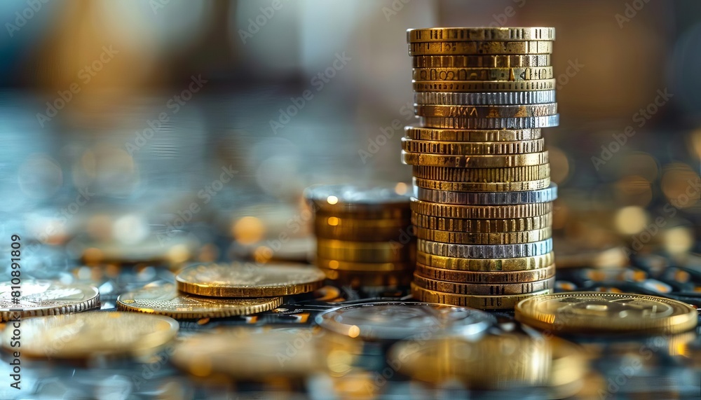 Poster the towering stacks of european coins against a blurred backdrop epitomize the essence of financial 