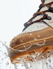 A close up of a person's shoes with water splashing. - obrazy, fototapety, plakaty
