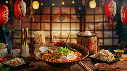 realistic photography of spicy ramen menu black bowl red chopsticks, with various kinds of typical Japanese toppings, simple package, - obrazy, fototapety, plakaty
