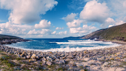 Panorama of the wild and rugged Coast of Death in Muxia, Galicia, Spain