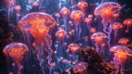 Immerse viewers in a mesmerizing, vibrant underwater world filled with bioluminescent jellyfish, glowing octopuses, and shimmering anglerfish in a VR experience - obrazy, fototapety, plakaty