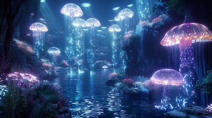 Immerse viewers in a mesmerizing, vibrant underwater world filled with bioluminescent jellyfish, glowing octopuses, and shimmering anglerfish in a VR experience - obrazy, fototapety, plakaty