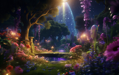 Enchanted Retreat: A Dreamy Garden with Flowers, Lights, Rainbows, Animals, and a Babbling Creek