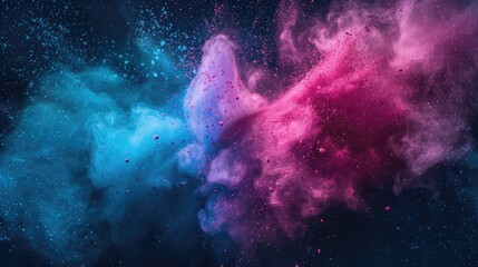 Colorful powder explosion resembling brain synapses and neurons on a dark background with blue and pink tones