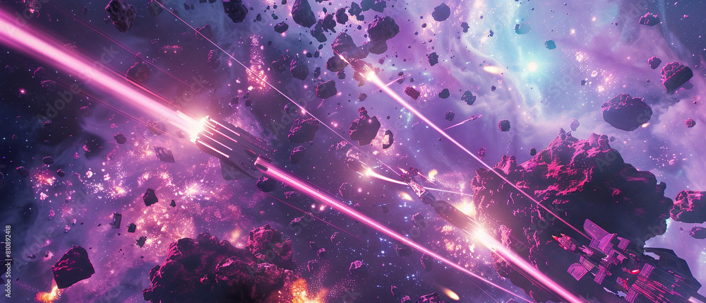 Wall mural intense space battle scene with futuristic ships firing lasers and exploding in the galaxy.