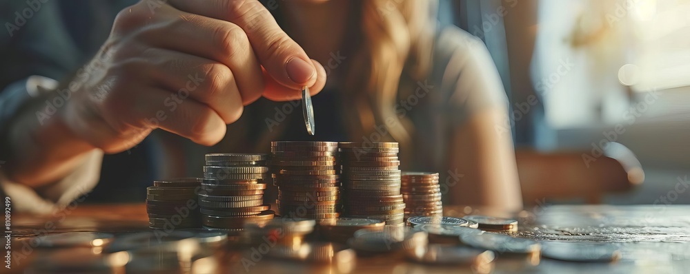 Poster A close-up shot captures a businessman hand skillfully selecting coins from a stack on a table, illustrating the concept of financial management