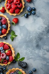 Tarts with different berries on grey table