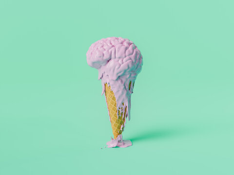 Melting Brain-Shaped Ice Cream on Cone Against Mint Background