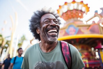 Fototapeta premium Portrait of a joyful afro-american man in his 60s sporting a breathable mesh jersey isolated in vibrant amusement park