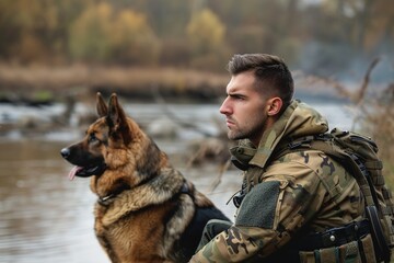 Man in military uniform with German shepherd dog
