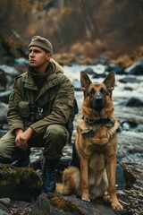 Man in military uniform with German shepherd dog