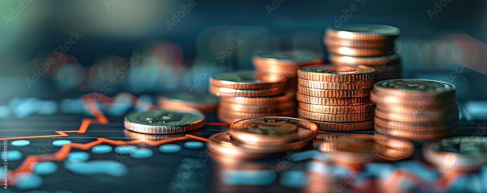 Aufkleber stacked coins with a growing graph and arrows on a grey background