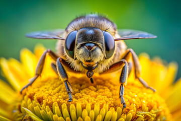 Beautiful macro bee on the yellow flower with huge eyes close-up, light green blurred background.