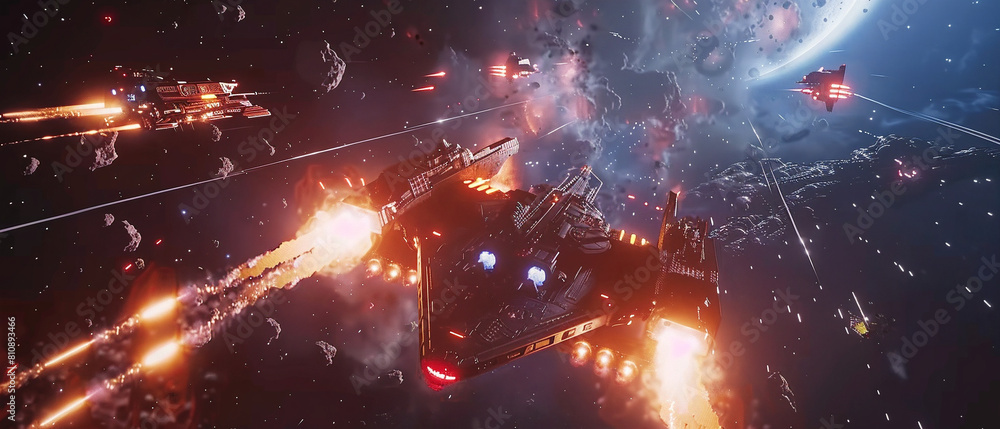 Wall mural intense futuristic battle in space with colorful laser beams and explosive bursts of light.