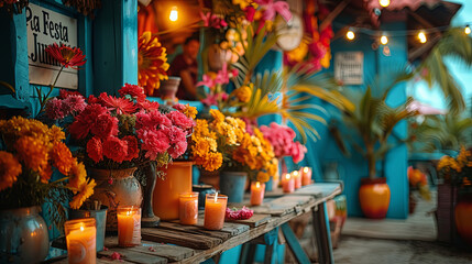 Vibrant Festa Junina Celebration Scene With Colorful Flowers and Candles