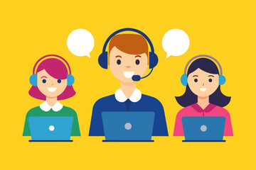 Call center. Vector illustration of Customer service, hotline operators with headsets.