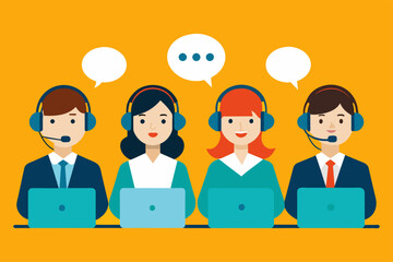 Call center. Vector illustration of Customer service, hotline operators with headsets.