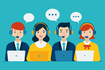 Call center. Vector illustration of Customer service, hotline operators with headsets.