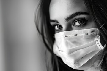 Fototapeta premium Woman wearing medical face mask on light background