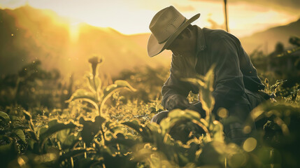 A photo of a Mexican farmer in a hot field, in a strict outfit, reflects his fortitude and tireless work.