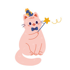 Cute cat wizard with magic wand and hat. Hand drawn vector illustration.