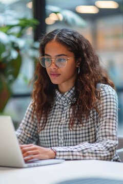 Young female intern working with laptop at table