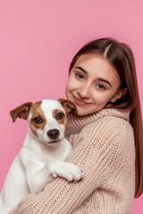 Young woman with her cute Jack Russell Terrier on pink background