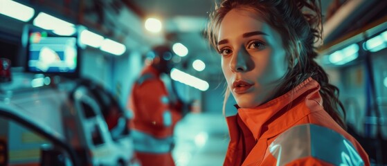 Obraz premium Television Program on Cable Channel Broadcast Concept: Anchorwoman Talks. Ambulance Emergency Doctors, Paramedics Saving Victim.