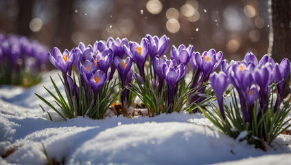 Early Spring Bloom, Vibrant purple crocuses defy the lingering snow, signaling the arrival of...