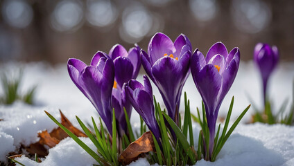 Early Spring Bloom, Vibrant purple crocuses defy the lingering snow, signaling the arrival of...