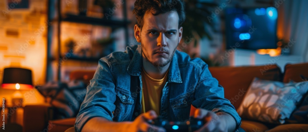 Poster gamer frustrated after losing a round of playing an online video game on a powerful computer. a smar