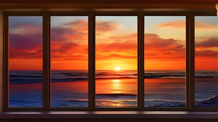 A window reflecting the fiery colors of a sunset over the horizon