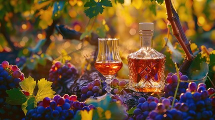 Bottles of brandy against the backdrop of a vineyard. Selective focus.