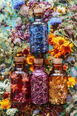 Bottles with herbal tinctures on a background of dried medicinal herbs. Selective focus.