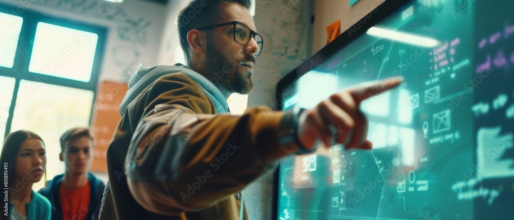 Poster student listens carefully as male teacher points at 3d model of processor as he teaches about comput
