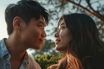 Fototapeta premium A couple smiling and enjoying a moment together outdoors Fictional Character Created By Generative AI. 