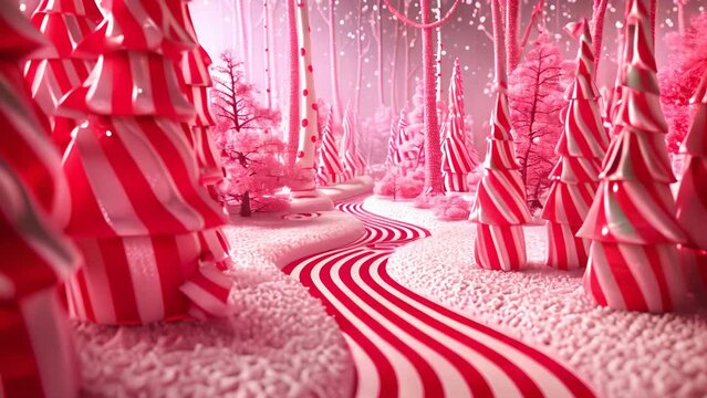 3D candy cane forest with sugar dusted paths and peppermint trees