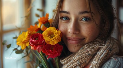 Daughter giving her mother present box and bouquet of tulip flowers at home. happy Mother's Day greeting card mockup with copy space .