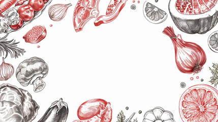 Healthy food frame vector illustration. Vegetables, fruits, meat hand drawn. Organic food set. Good nutrition.