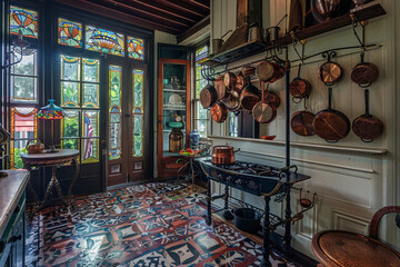 A chic New Orleans Creole cottage kitchen, with vintage patterned wooden floors, antique copper cookware hanging from a wrought iron rack, and stained glass window accents, full of Southern charm.