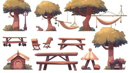 The cartoon garden furniture set includes wooden picnic tables and chairs, hammocks hanging between trees, swing seats, birdhouses, and umbrellas for a comfortable outdoor relax. It also includes a