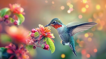 Fototapeta premium Tiny hummingbird sipping nectar from a vibrant flower