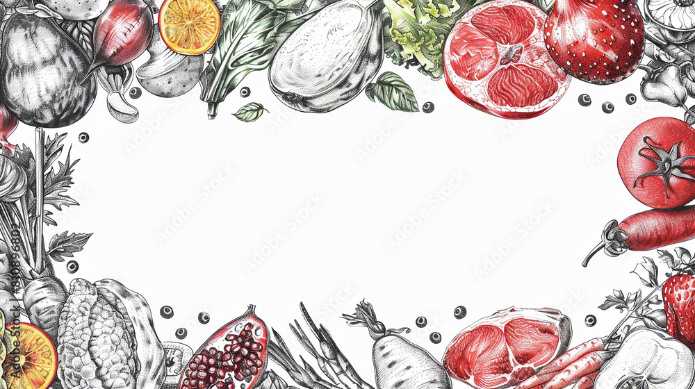 Wall mural Healthy food frame vector illustration. Vegetables, fruits, meat hand drawn. Organic food set. Good nutrition. - Wall murals