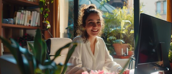 Obraz premium Latin Female Entrepreneur Doing Virtual Remote Work from Home Office. Shot from Outside Into Apartment Window. Smiling Hispanic Businesswoman Sitting at Desk Working on Computer.