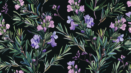 Floral seamless pattern with blooming rosemary on bla