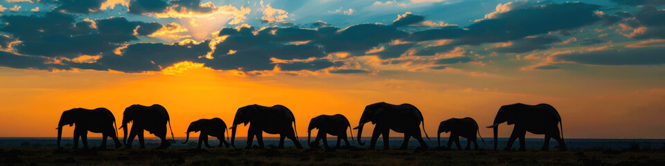 A herd of elephants runs past the horizon during sunset, silhouettes, banner background