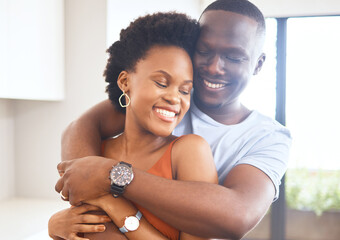 African couple, happy and hug for bonding at home for celebration of new apartment for real estate...