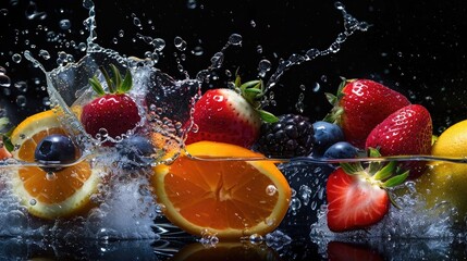 Crisp image capturing vibrant fresh fruits with a dynamic splash of water against a dark background
