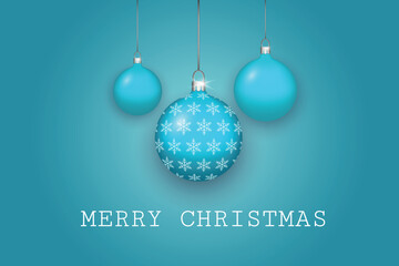 Christmas balls hanging. Greeting card. Merry Christmas title. Vector illustration