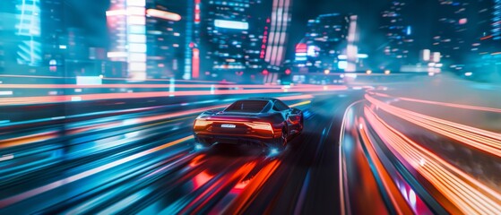 VFX on image. Third-person view of a racing simulator game with interface. Computer-generated 3D render of a car driving fast on a futuristic highway.